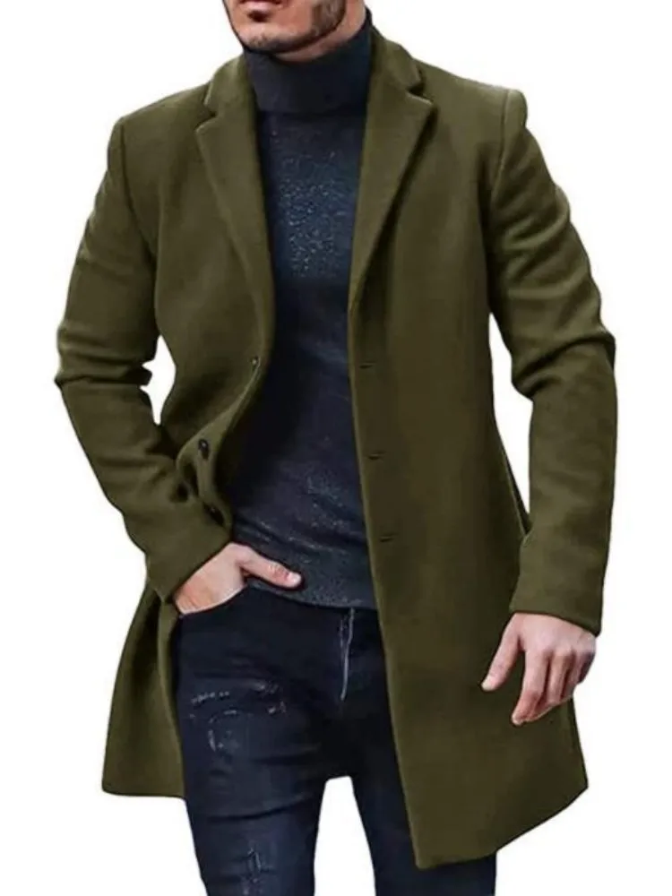 

Мужское шерстяное пальто, модное деловое повседневное шерстяное пальто средней длины, эксклюзивное облегающее пальто