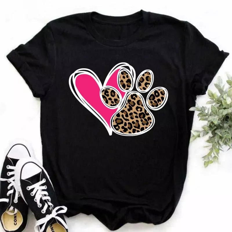 

2022NEW Fashion Women T Shirt Leopard Heart Dogs Paws Print T Shirt Casual Female Tops Short Sleeve Tee Shirts Cute T-shirt Tops