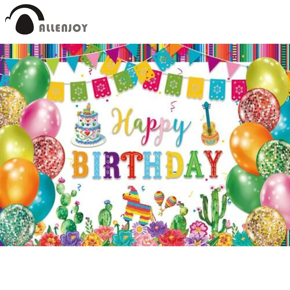 

Allenjoy Happy Birthd Party Colourful Background Cake Mexico Balloons Fiesta Carnival Cactus Kids Baby Shower Photozone Backdrop