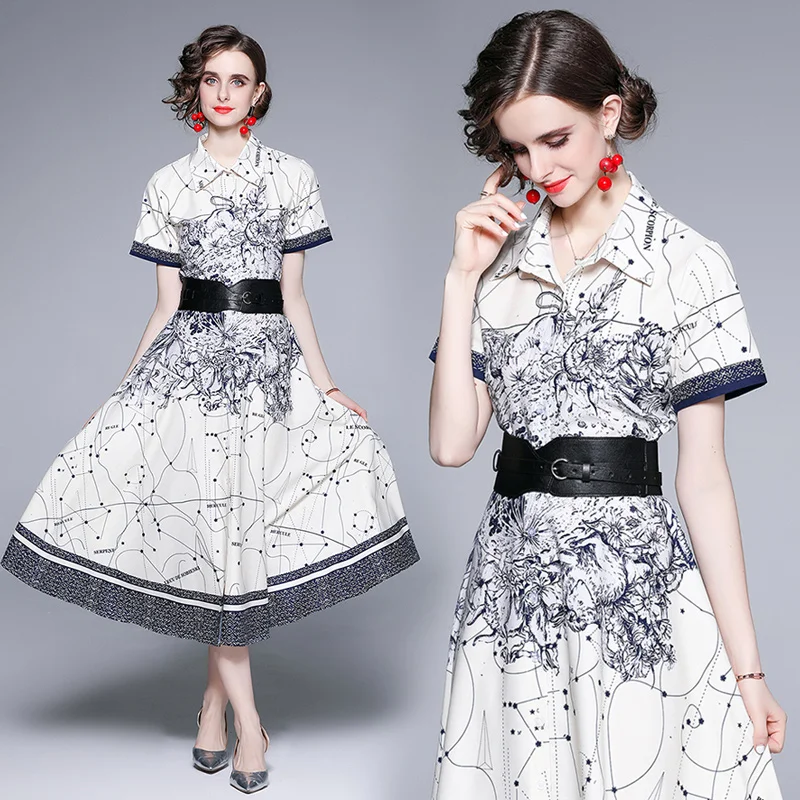 

2022 Summer New Women's Polo Collar High-end Temperament Short Sleeve Print Waist Closing Long Fashion Dress with Belt