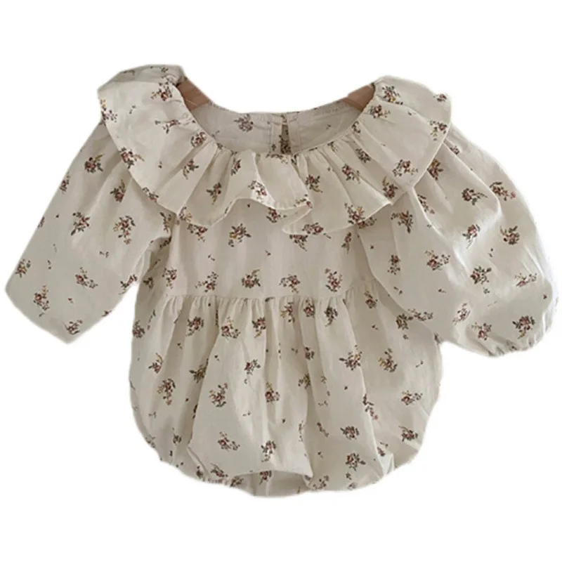 2022 Spring New Baby Girl Long Sleeve Bodysuit Cute Little Girl Ruffle Collar Floral Jumpsuit Princess Baby Girls Party Clothes