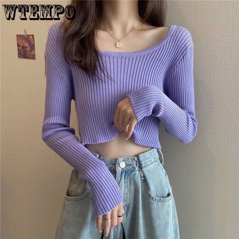 

Thin Slim Round Neck Knitted Pullover Women Bottoming Shirt Short Long Sleeve Top High Waist Navel Exposed Simple Casual Basic