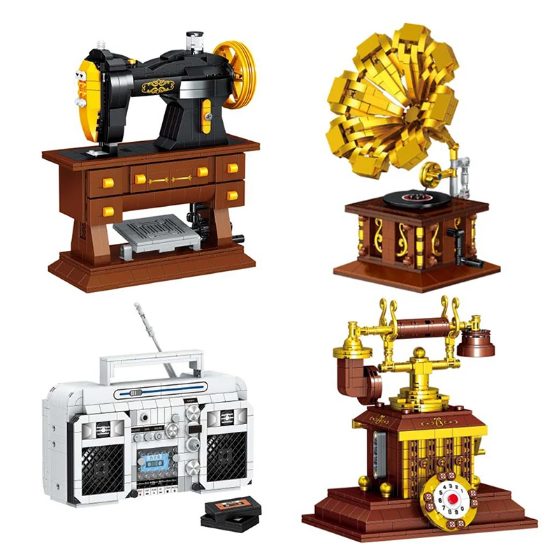 

Mini Building Blocks Diy Creative Retro Gramophone Radio Sewing Machine 3D Model Home Decor Children Educational Toys Boy Gift