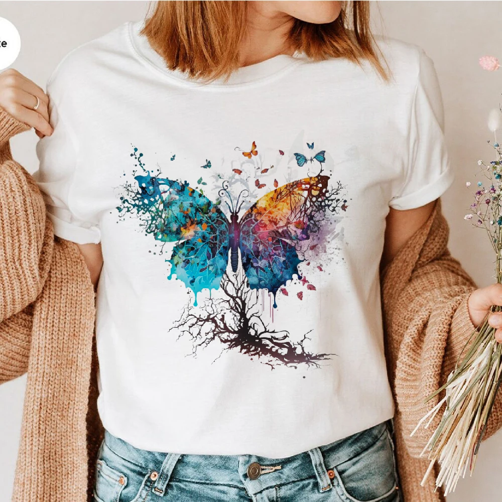 

Butterfly Cute Sweet Lovely Casual Tee Top Short Sleeve Shirt Lady Clothes Fashion Tshirt Summer Female T Women Graphic T-shirt