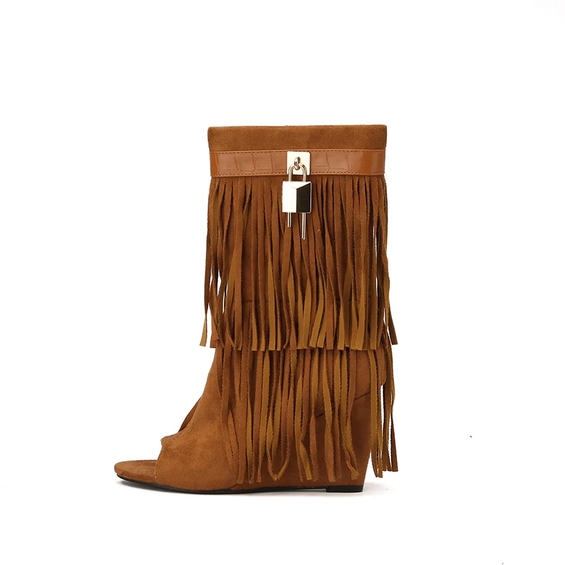 Peep Toe Tassel Platform Women's Boots Suede Solid Color Zipper Gladiator Shoes Ankle Boots Spring Autumn Metal Lock Size 35-42