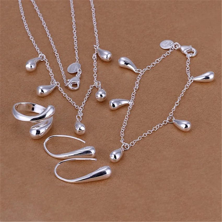 

Charm 100% 925 Sterling Silver Drop Droplets Bracelet Necklace Earrings Ring Jewelry Set for Women Fashion Party Christmas Gift