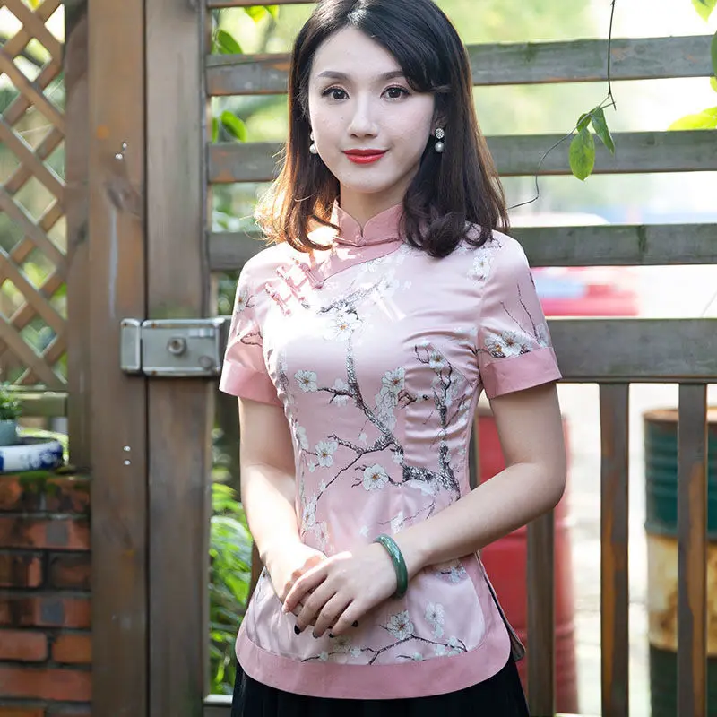 

Cheongsam Women's Plus Size Stand Collar Tops 2022 Summer Cotton Blend Prints Short Sleeve Tradition Chinese Style Qipao Shirts