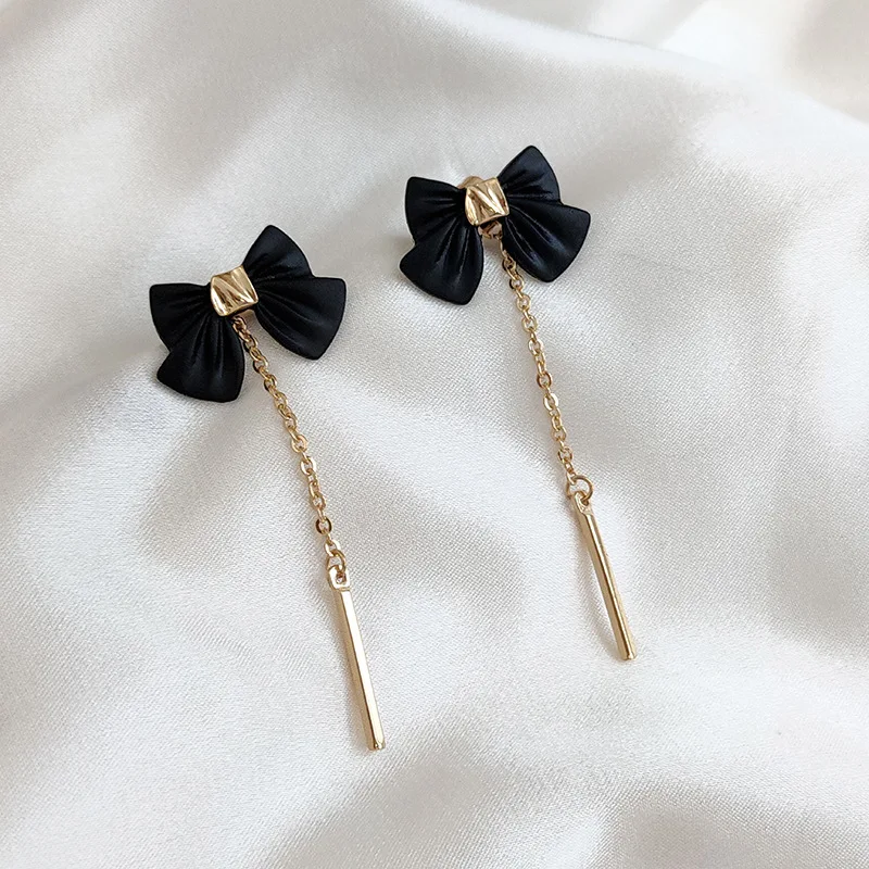 

Black Enamel Bowknot Top Women's Drop Earrings Gold Color Metal Tassel Earrings Korean Long Hanging Earrings boucles d'oreilles