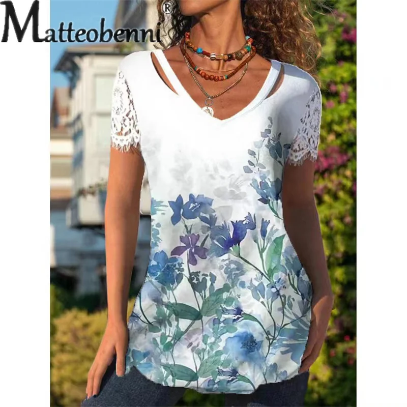 

Elegant Plants Floral Print Lace Short Sleeve Tops Female Summer Daily Casual Hollow Out V Neck Pullover T-Shirt Women's Tees 23