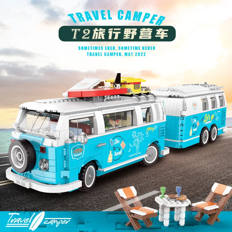 

IN Stock Technical Creatived The Refitted Vehicle Camper Van T2 Bus 190090 Building Block Brick Children's Toy Birthday Gift