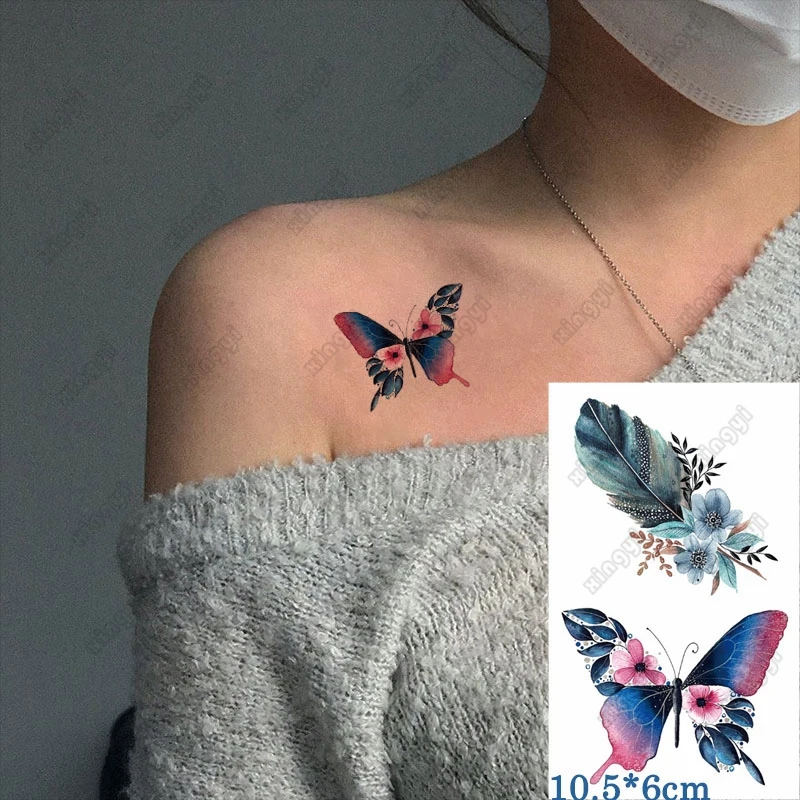 

Водостойкая Временная тату-наклейка, цветная бабочка, перо, детская ручка, переводная татуировка на запястье, искусственная татуировка, бод...