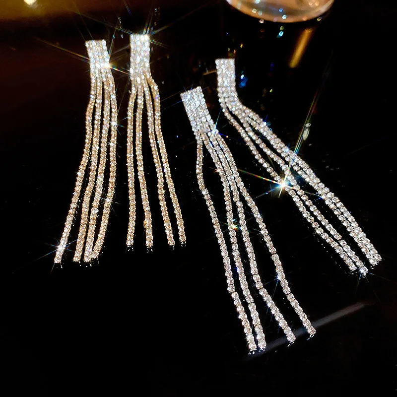 

New Design Full Rhinestone Long Tassel Earrings For Women Fashion Jewelry Shiny Crystal Party Dangle Earings Wholesale