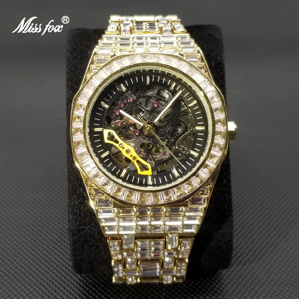 

New Ice Out Mechanical Watches For Men Luxury Gold Fully Moissanite Automatic Watch Hip Hop Hollow Dial Tourbillon Wristwatch