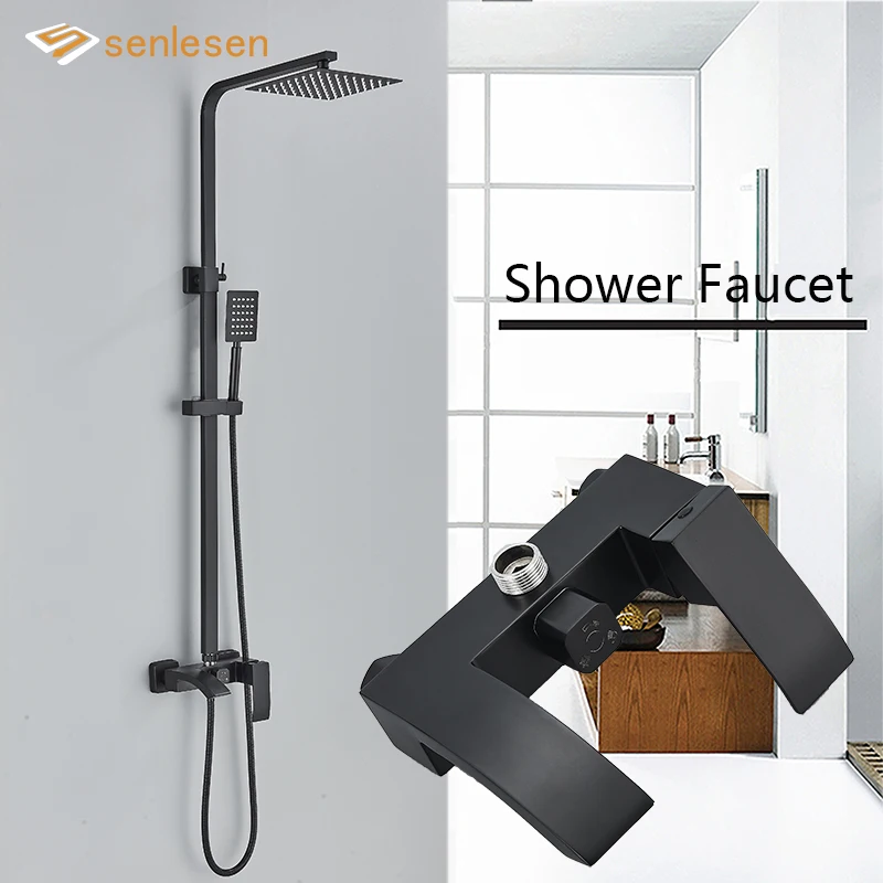 

Матовый черный смеситель для душа Senlesen, набор из латуни, ультратонкая насадка для тропического душа 8 дюймов, кран с медной душевой лейкой