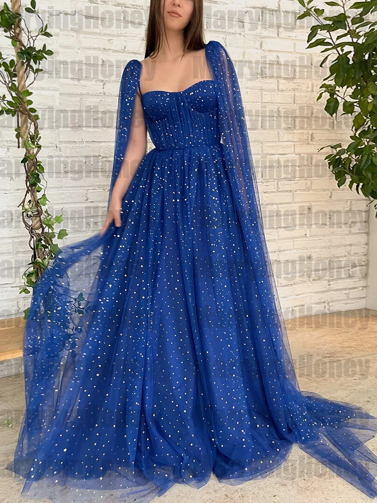 

Sparkly Starry Tulle Prom Dresses Long Cape Sleeves Sweetheart A-Line Formal Party Evening Gowns With Pockets