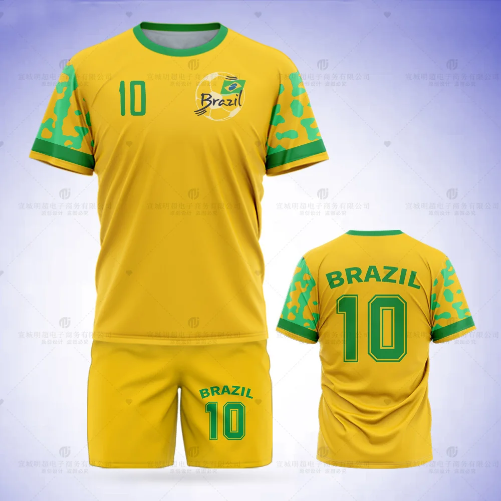 New Jumeast Brazil Football Jersey Pattern T-shirt Set Flag Football Print Shorts Yellow Mesh Sports Ball Clothing Team Uniform
