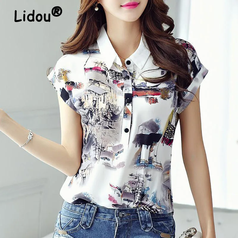 

Elegant Fashion Print Button Shirt Women 2022 Summer Vintage Casual Cardigan Top Raglan Short Sleeve Slim Chiffon Blouse Female