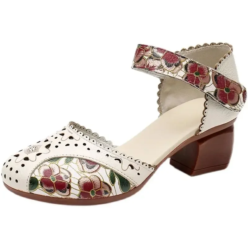 GKTINOO 2023 Summer Women's Genuine Leather Shoes Woman Retro Hollow Out Sandals Female Hook & Loop Heels Ladies Platform Sandal