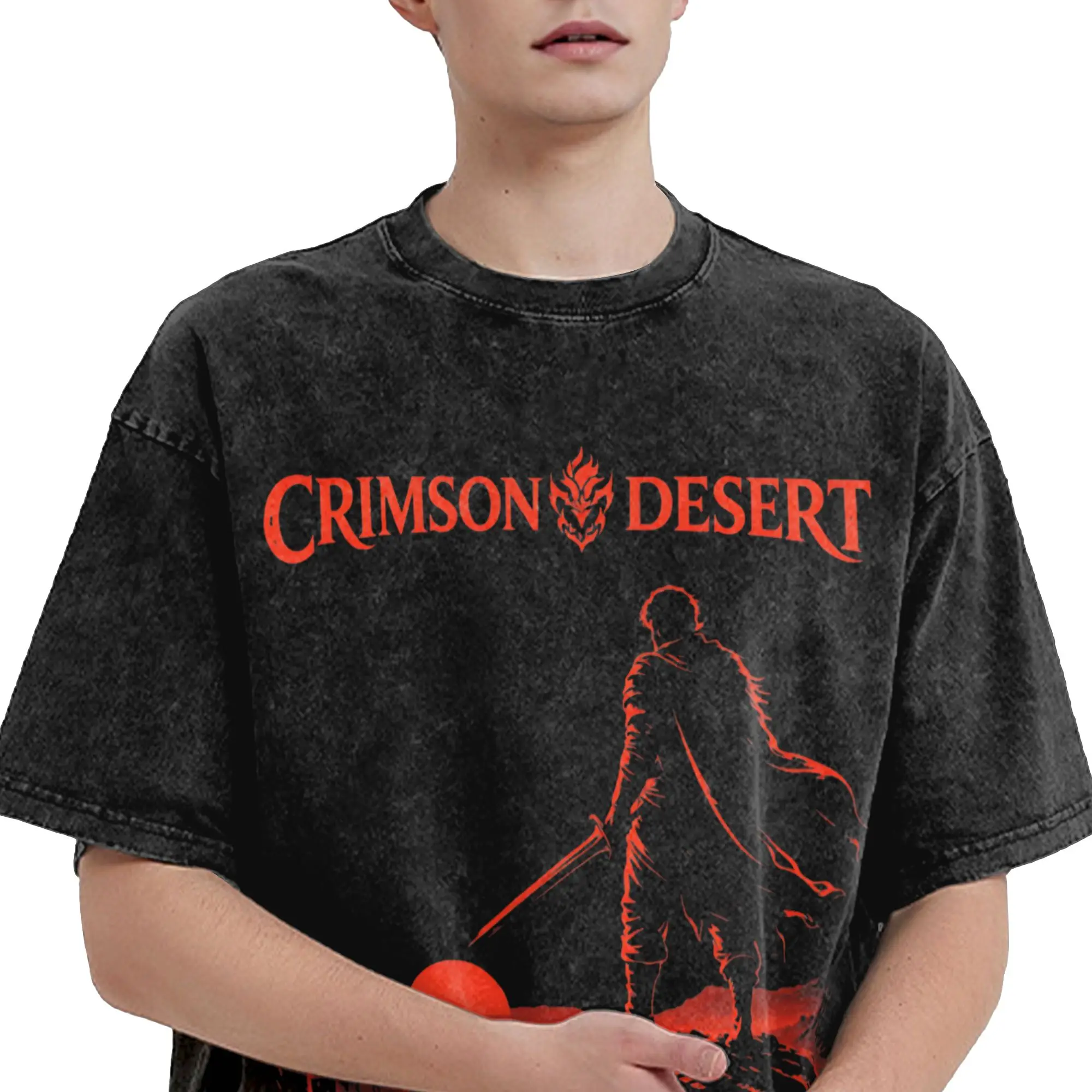 Фото Футболки унисекс Pearl Abyss Crimson Desert Outfit, с эффектом потертости, в стиле стритвир, хип-хоп, с принтом, с коротким рукавом №2