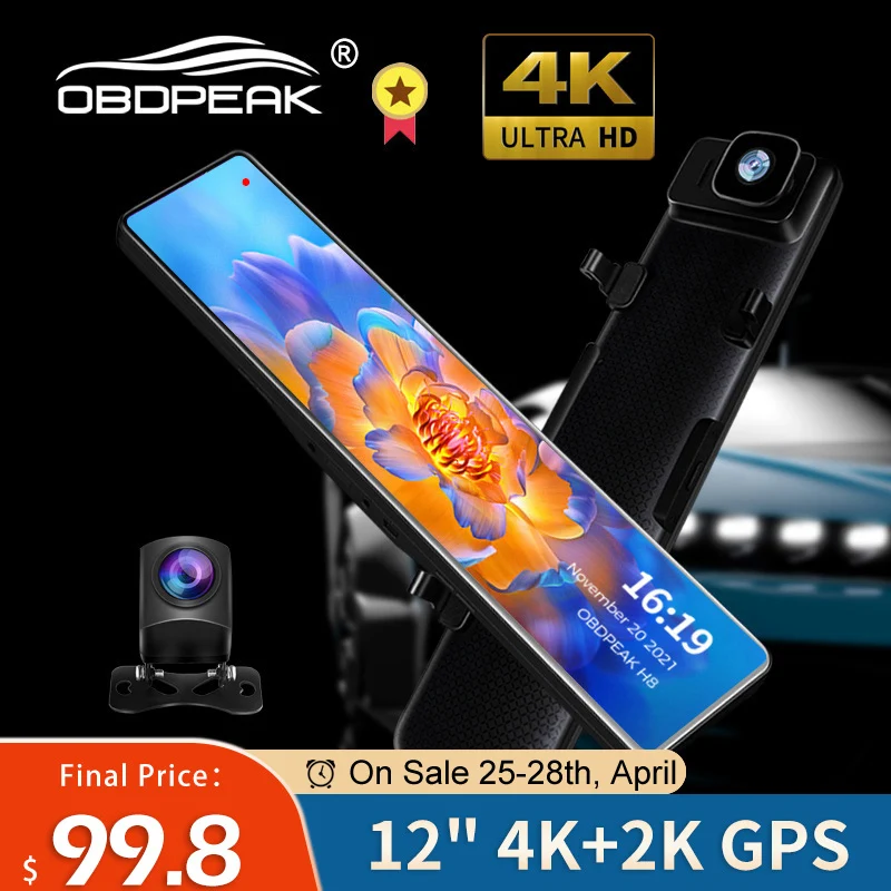 $108.33 H8 UHD 2160P 4K DashCam Rearview Mirror Sony IMX415 WIFI Car DVR Video Recorder GPS Track Auto Registrar Night Vision 1440P Rear