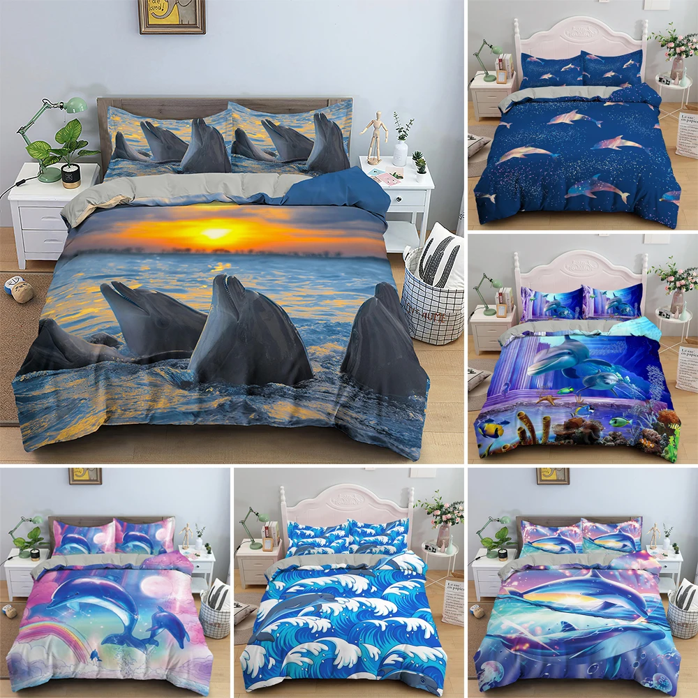 

3D Cartoon Dolphin Print Duvet Cover Kids Ocean Animals Bedding Set Quilt/Comforter Cover 2/3pcs Twin Queen King Size Bedclothes