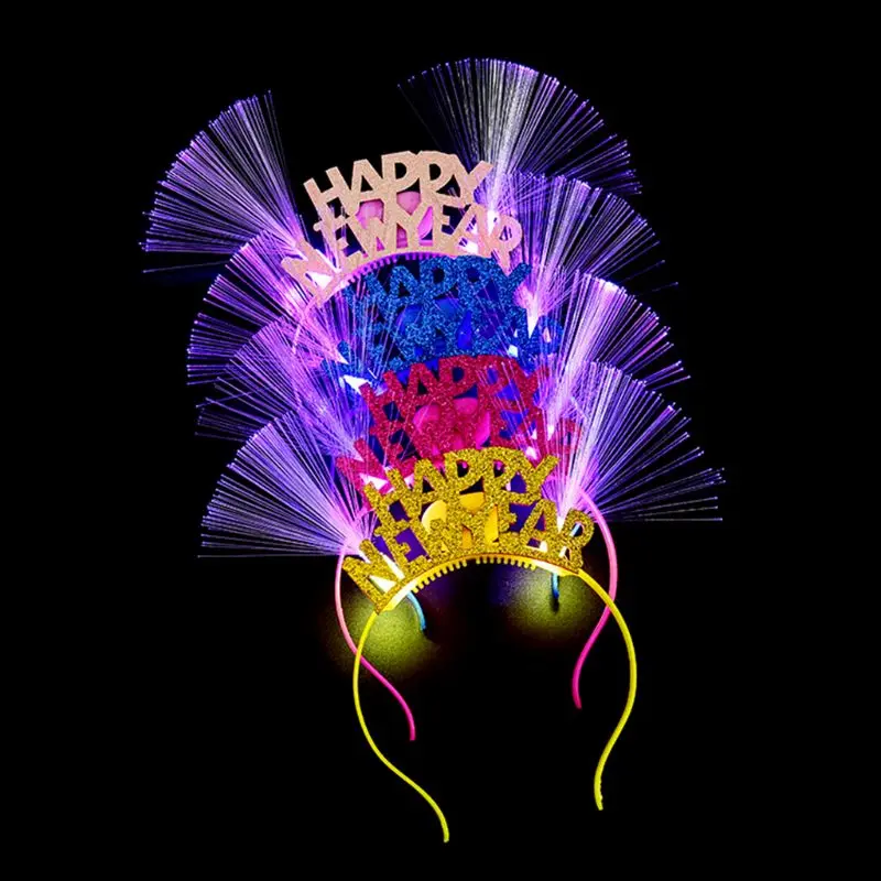 

N80C Women Girls Lovely LED Fiber Optic Ear Hair Hoop Glitter Happy New Year Letters Applique Flashing Light Headband Christmas