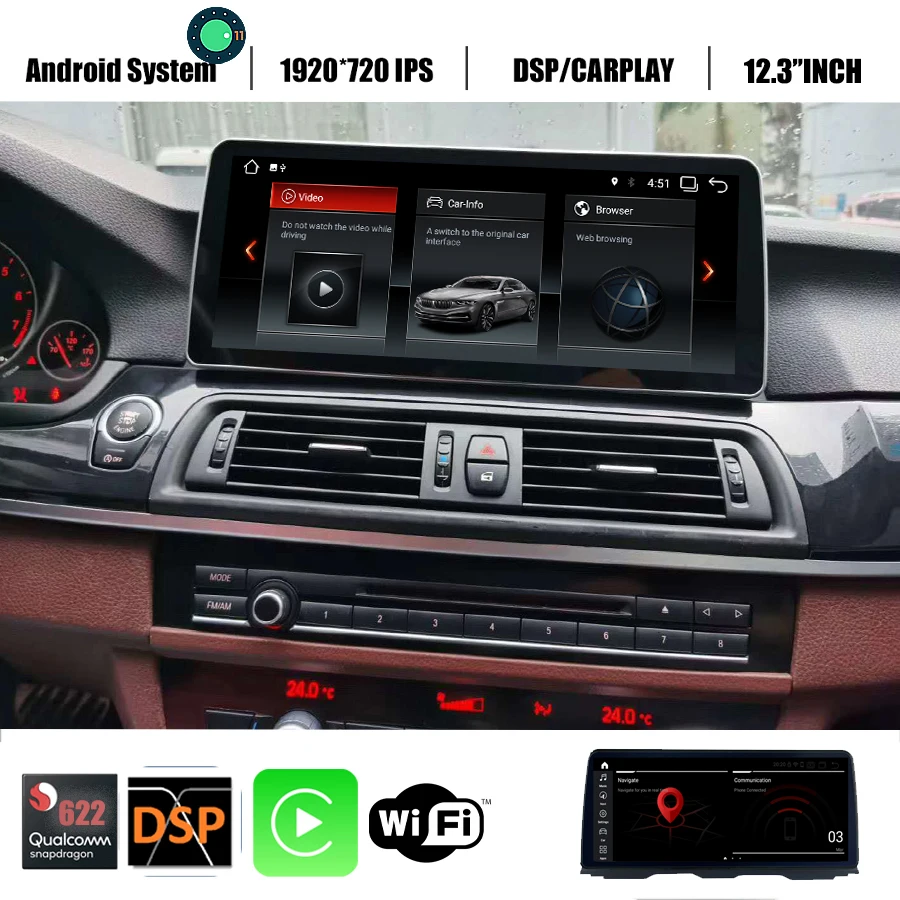 12.3''Car Multimedia GPS player Android 11 Navigation For BMW 5 Series F10 F11 2011-2016 CIC NBT 1920*720 Carplay Snapdragon662