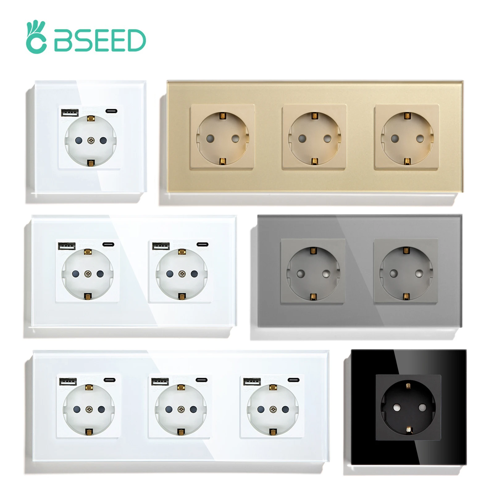 Фото Настенные розетки BSEED ЕС, одинарные розетки, белая и черная двойная розетка USB, прозрачные стеклянные панельные розетки, защита детей, 16 А №1