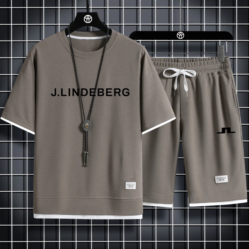 Men's Golf Sets Fashion Tracksuit Short Sleeve T Shirts+Sport Shorts Suit Men Casual J.LINDEBERG GOLF Clothing Mens Joggers Sets