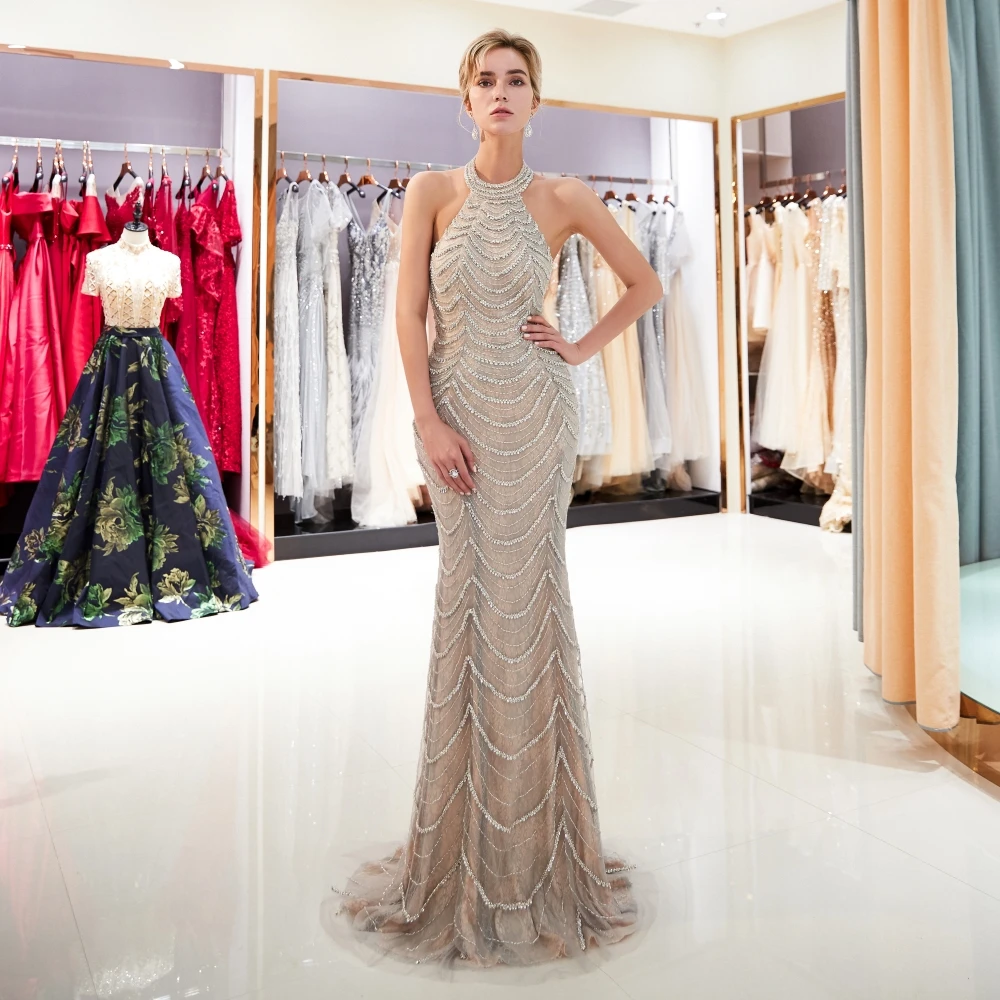 

Luxury Sweep Train Lady Halter Party Sheath Prom Bead Formal Club Cocktail Zipper Gown Backless Evening Dress