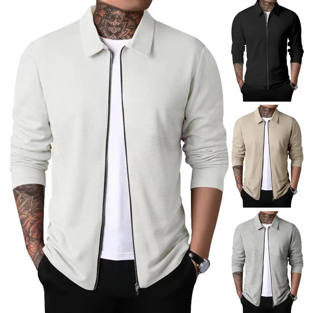 

Spring Autumn Men Lapel Long Sleeve Coat Waffle Texture Zipper Placket Slim Fit Jacket Outwear Streetwear