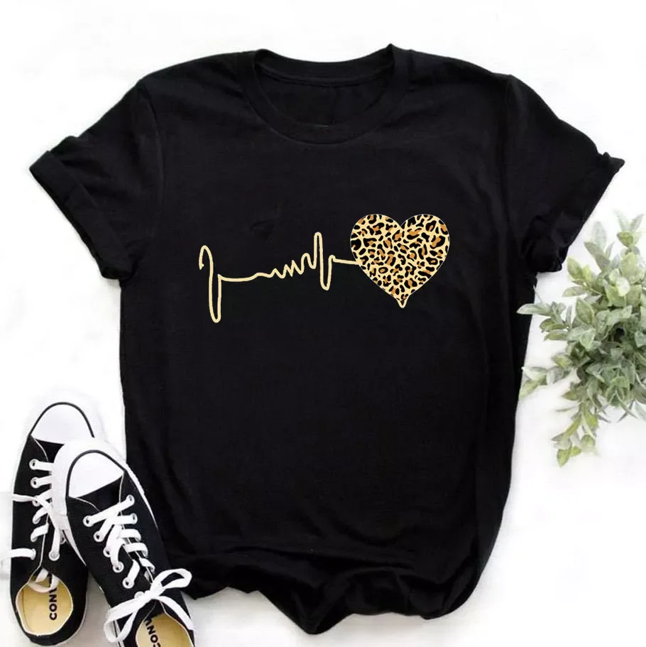 New in New 90 ’s Leopard Heartbeat Short Sleeve Print Clothing Women's T-Shirt Harajuku Graphic Clothing Women's Top,D
