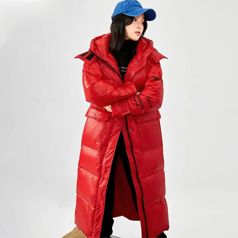 High-End Down Jacket Women Winter 2022 Detachable Cap Long Over Knee Parkas Thickened Warm Glossy 90 White Duck Down Coat Female