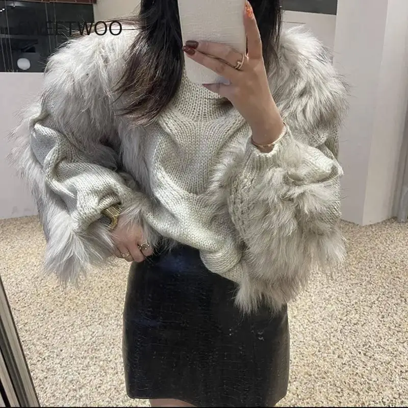 Women's Faux Fur Knitted Sweater Vest 2022 Famous Female Fur Pullover Warm Fall Winter High Neck Fur Sweaters Fashion Tide Slim