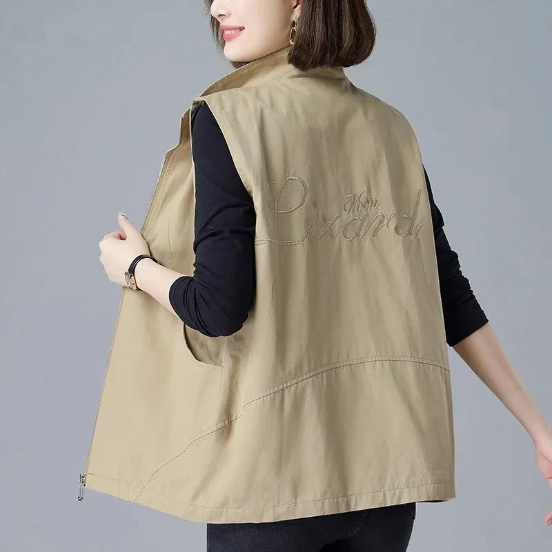 

2023 Spring Summer New Thin Blue khaki Vest Women Lined Casual Sleeveless Jacket Basic Coats Turndown Collar Zipper Waistcoat