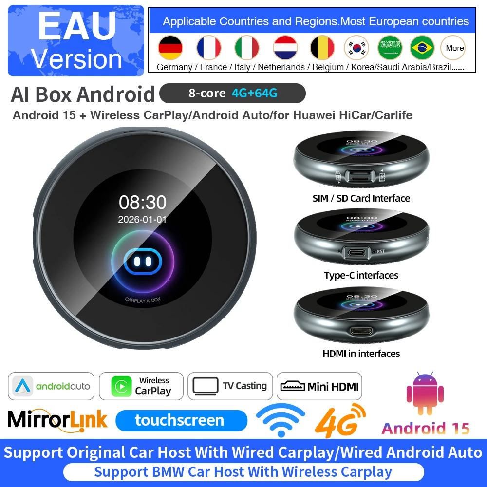 

Беспроводной CarPlay AI Box на Android 15 для BMW ID6 ID7 ID8 ID9, VW, Audi, Kia, Fiat, Ford, Toyota QCM6125 с сенсорным экраном, 4G, Wi-Fi, GPS, HDMI