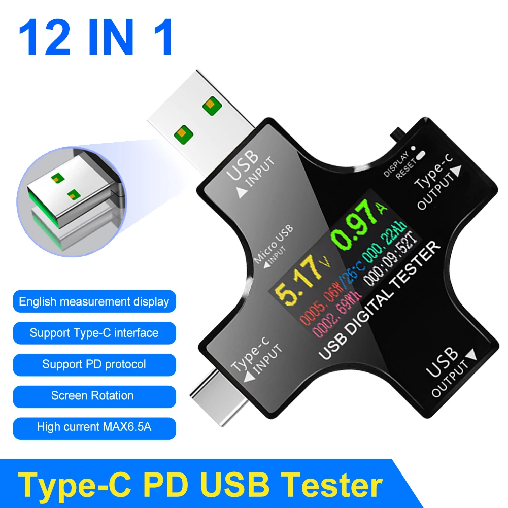 

12 In 1 Color PD USB Tester DC Digital Voltmeter Current Voltage Type-C Meter Amp Ammeter Detector Power Bank Charger Indicator