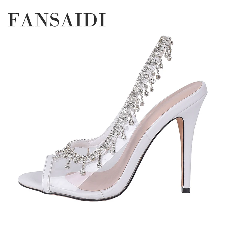 

FANSAIDI Fashion Pointed Toe Slip On PVC Peep Toe Sandals Women's Shoes White Summer New Elegant Sexy Stilettos Heels 40 41 42