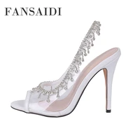 fansaidi fashion pointed toe slip on pvc peep toe sandals womens shoes white summer new elegant sexy stilettos heels 40 41 42