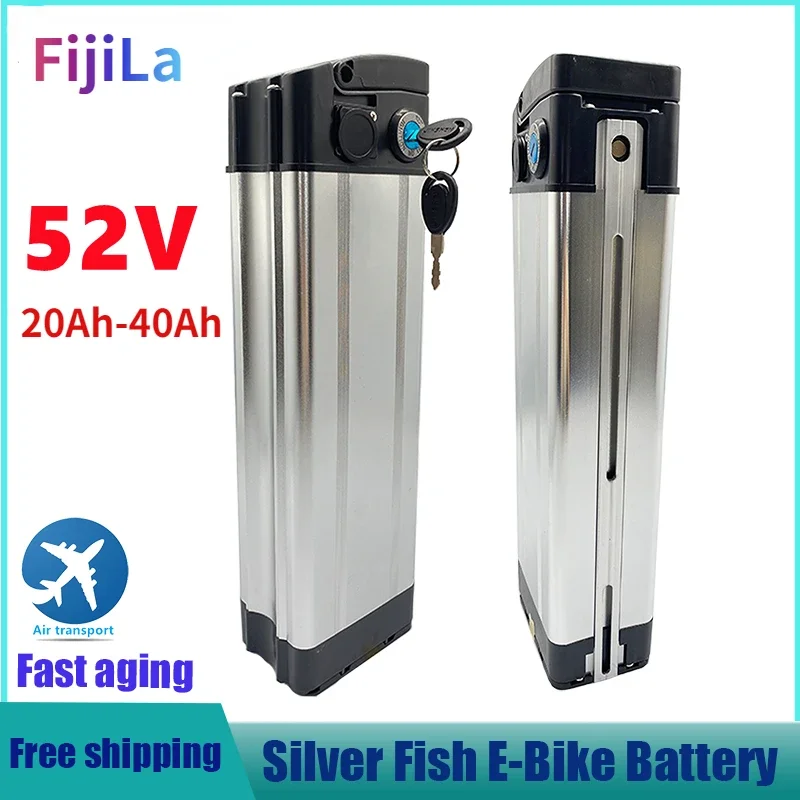 

52V 20ah 30ah 40ah Silver Fish Electric Bicycle Battery Aluminum Case Portable Lithium Battery with anti-theft and Key