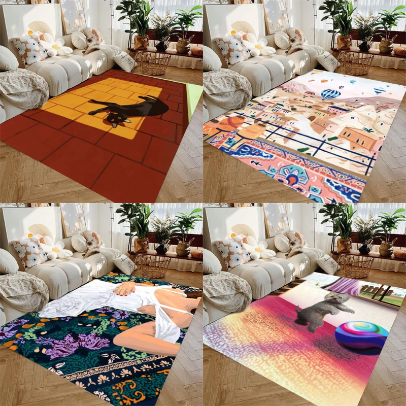 Blck Cat Иллюстрация Марокканский Ковер Богемная Женщина Картина Красочная