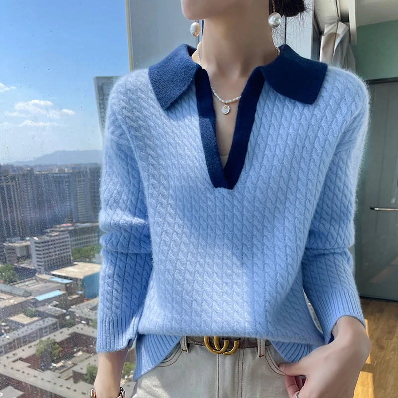 Пуловер с V-образным вырезом Женский свитер из 100 шерсти однотонный вязаный