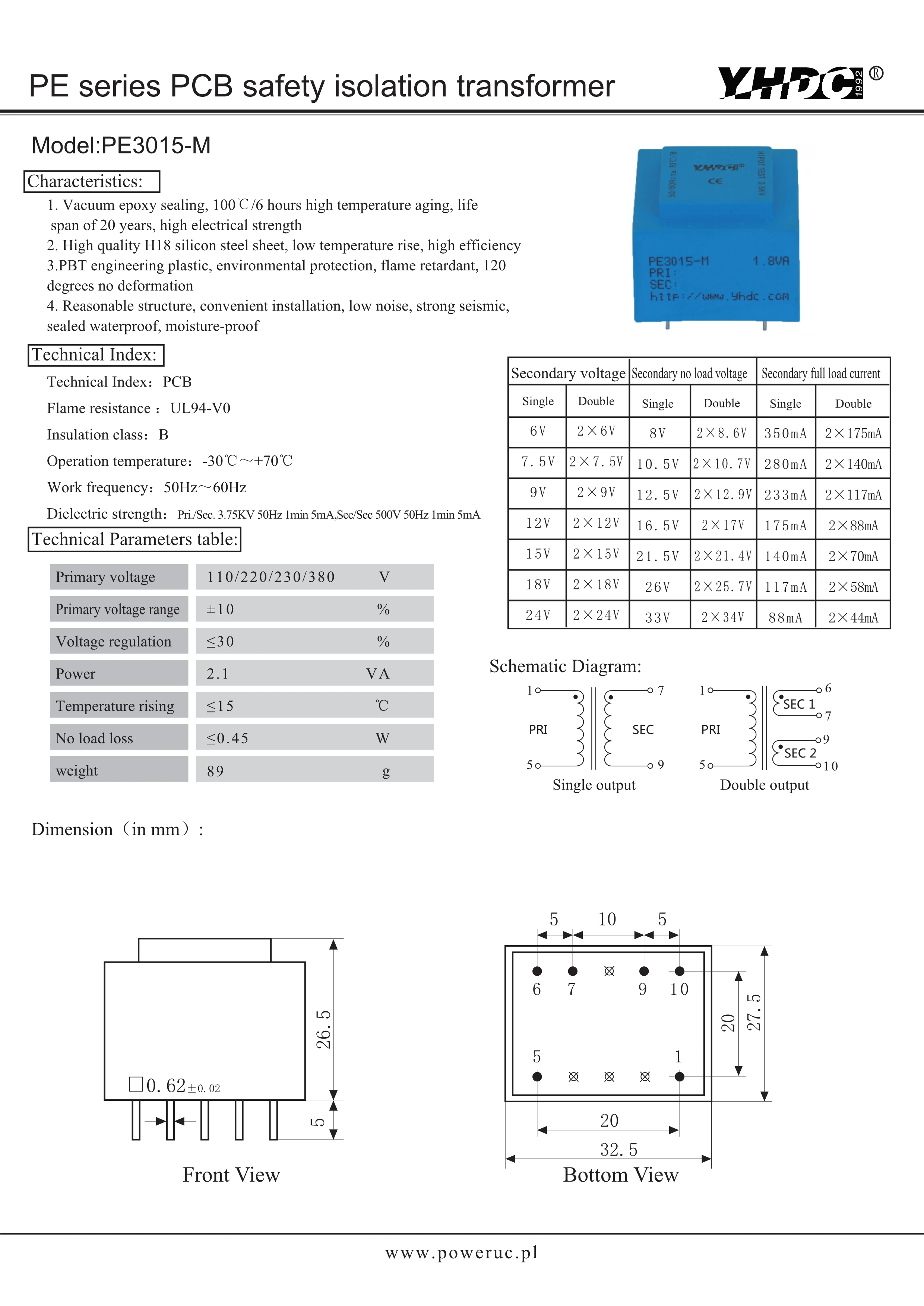 YHDC PE3015-M 2.1VA 230V/2*12V Expory Resign Encapsulated Safety Isolating Transformer PCB Welding Power |