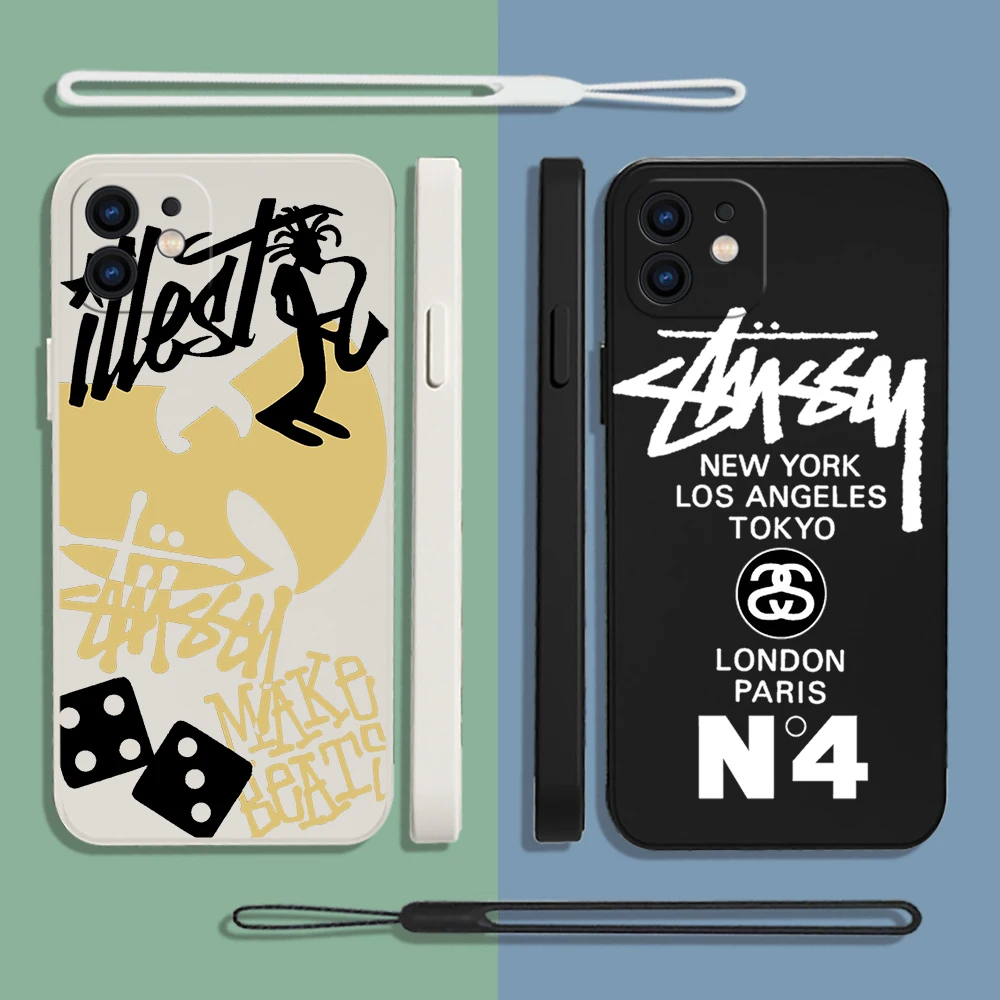 

Fashion Brand S-stussys Phone Case For iPhone 14 13 12 11 Pro Max Mini X XR XS MAX Plus Silicone Cases with Hand Strap