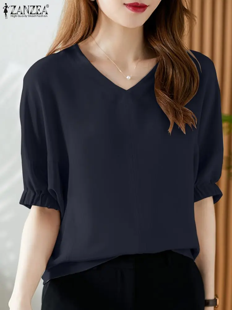 Summer Work OL Blouse ZANZEA Fashion Women V Neck Half Sleeve Shirt Loose Tunic Blusas Stylish Office Tops Oversize Chemise