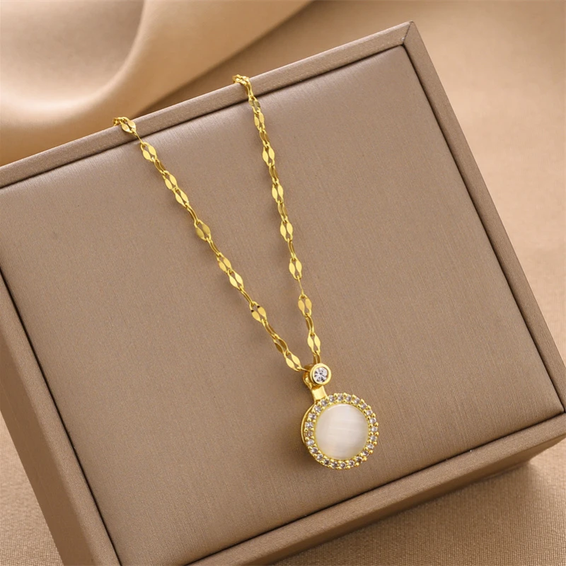 

Simple Opal Cat Eye Geometric Pendant Necklace Gold Stainless Steel Choker Neck Chain Women's Korean Fashion Vintage Jewelry