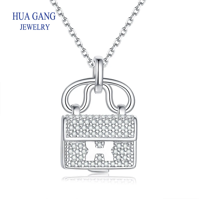 

925 Sterling Silver Bag Pendant Moissanite 1ct Labs Diamond Necklace Clavicle Chain Women Fashion Jewelry for Wedding