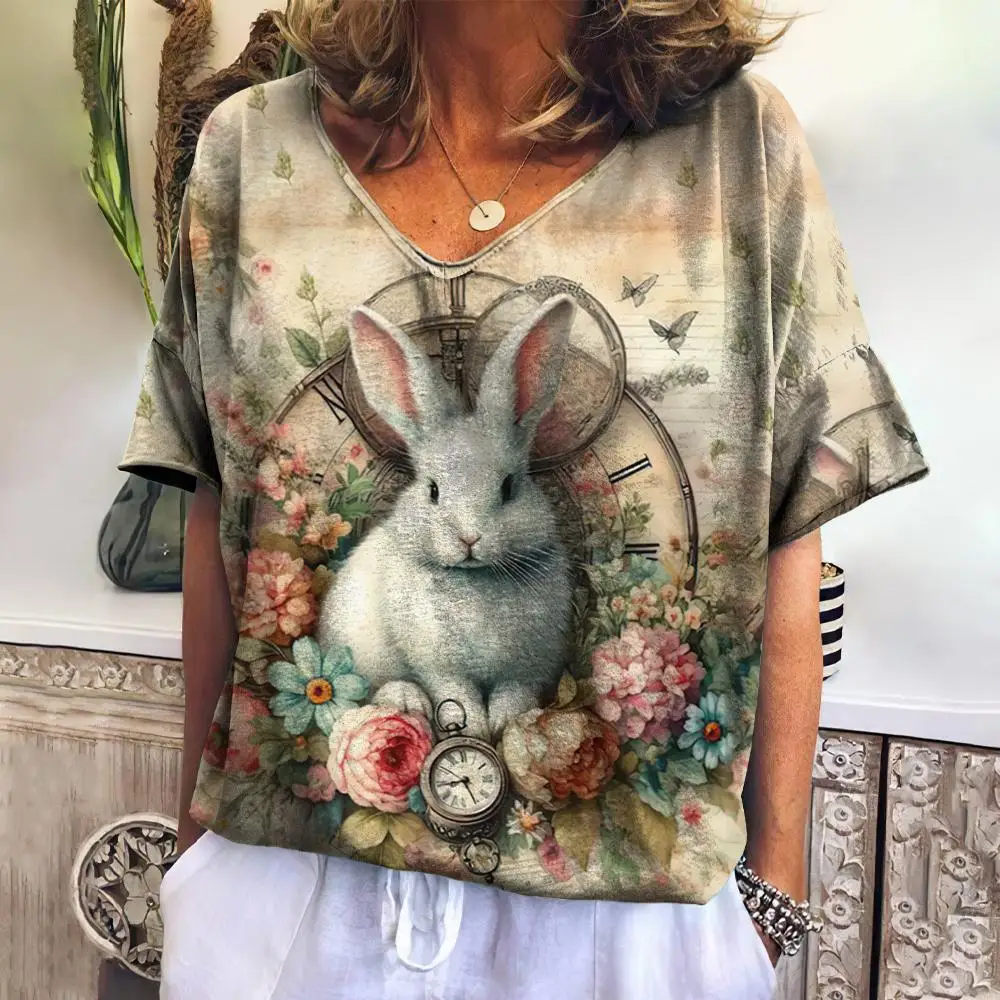 Женская Винтажная футболка с коротким рукавом и V-образным вырезом