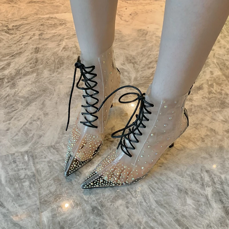 ZOOKERLIN Pointed PVC Rhinestone Zipper Women's Boots Fashion Ankle Boots Black Sexy High Heels Autumn Winter Clear Woman Shoes