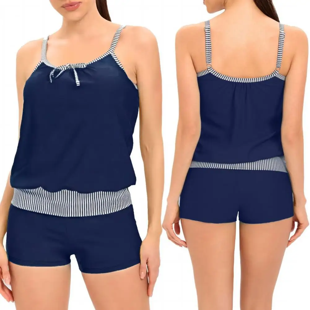 

1 Set Women's Swimsuit Suit Stripes with Chest Pad No Underwire Round Necks Breathable Beachwear Polyester Splicing Color Women